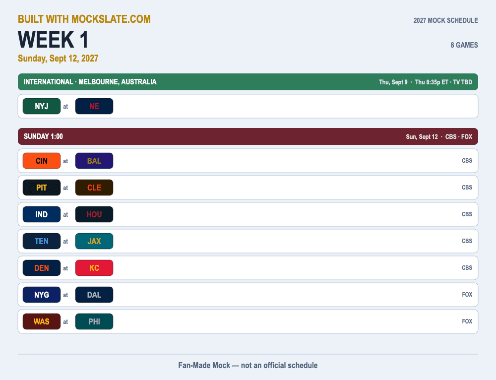 A fan-made Week 1 mock schedule built with MockSlate — eight games placed into broadcast windows