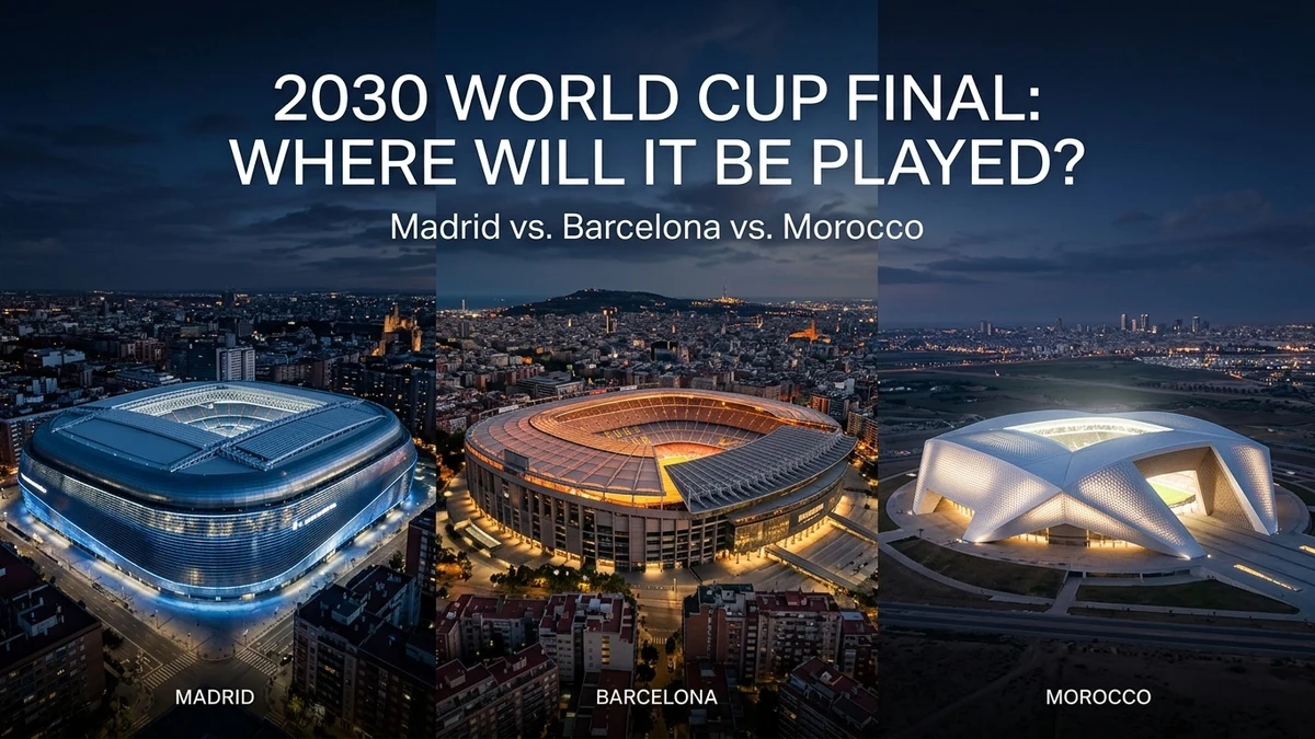 2030 World Cup Final Stadium: Bernabéu vs. Camp Nou vs. Hassan II — artwork